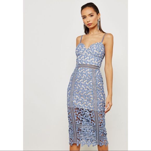 JUST ME Blue Crochet Lace Midi Dress with Split - Picture 1 of 5